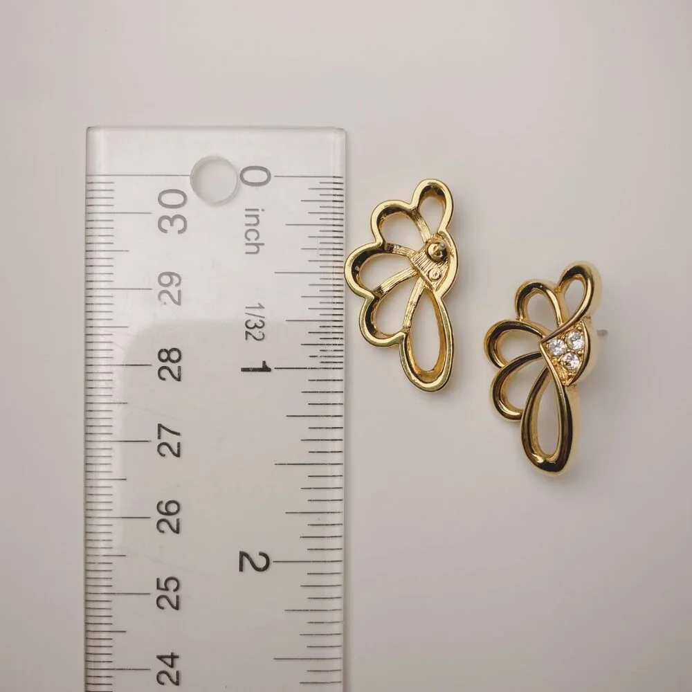 Vintage Avon Art Nouveau Asymmetrical Scallop Fan Shape Gold Rhinestone Earrings - Picture 7 of 8